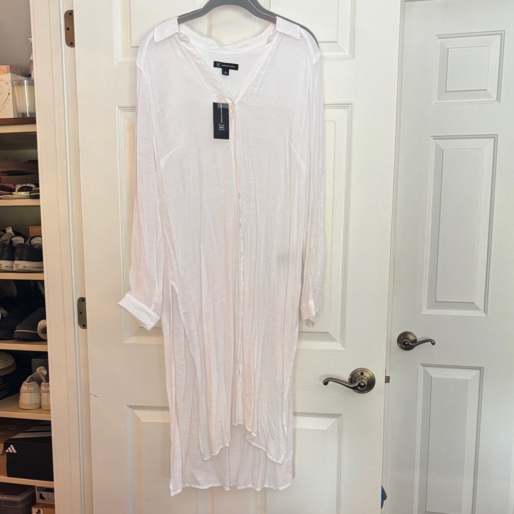 INC International Concepts White Long Sleeve Tunic Button-Front